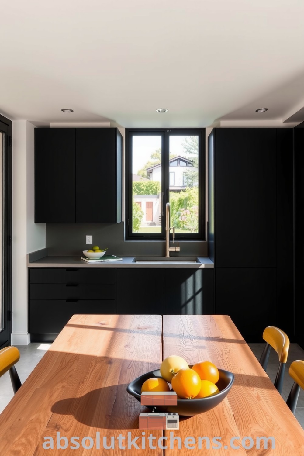 Stylish minimalist kitchen showcasing black cabinets, creamy-white walls, a smooth concrete countertop, and a reclaimed wood dining table with fresh fruits, exemplifying cozy ideas and unique design inspirations for your home at fireplacesandwoodstoves.com.