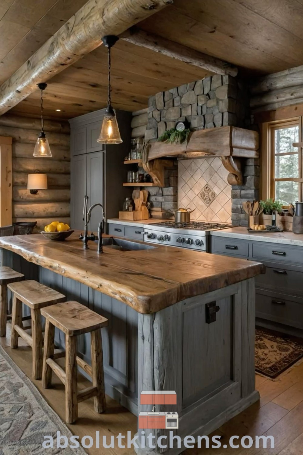 A spacious log cabin kitchen with a central island, dark kitchen cabinets, and rustic design elements, exemplifying inspiring cabin design ideas for cozy living. Discover more about this rustic kitchen style at absolutkitchens.com.