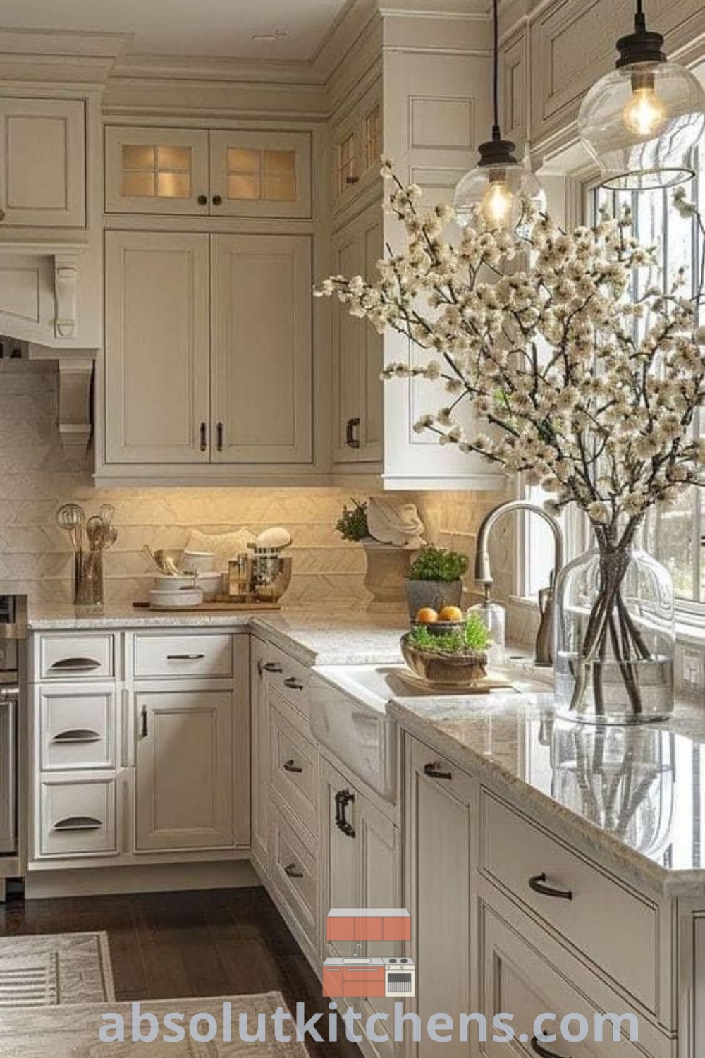 A large kitchen featuring French white cabinets, exquisite marble countertops, and a charming area rug, embodying the cozy aesthetic and design trends ideal for cute kitchens and French country kitchen inspirations. Discover more decor ideas at absolutkitchens.com.