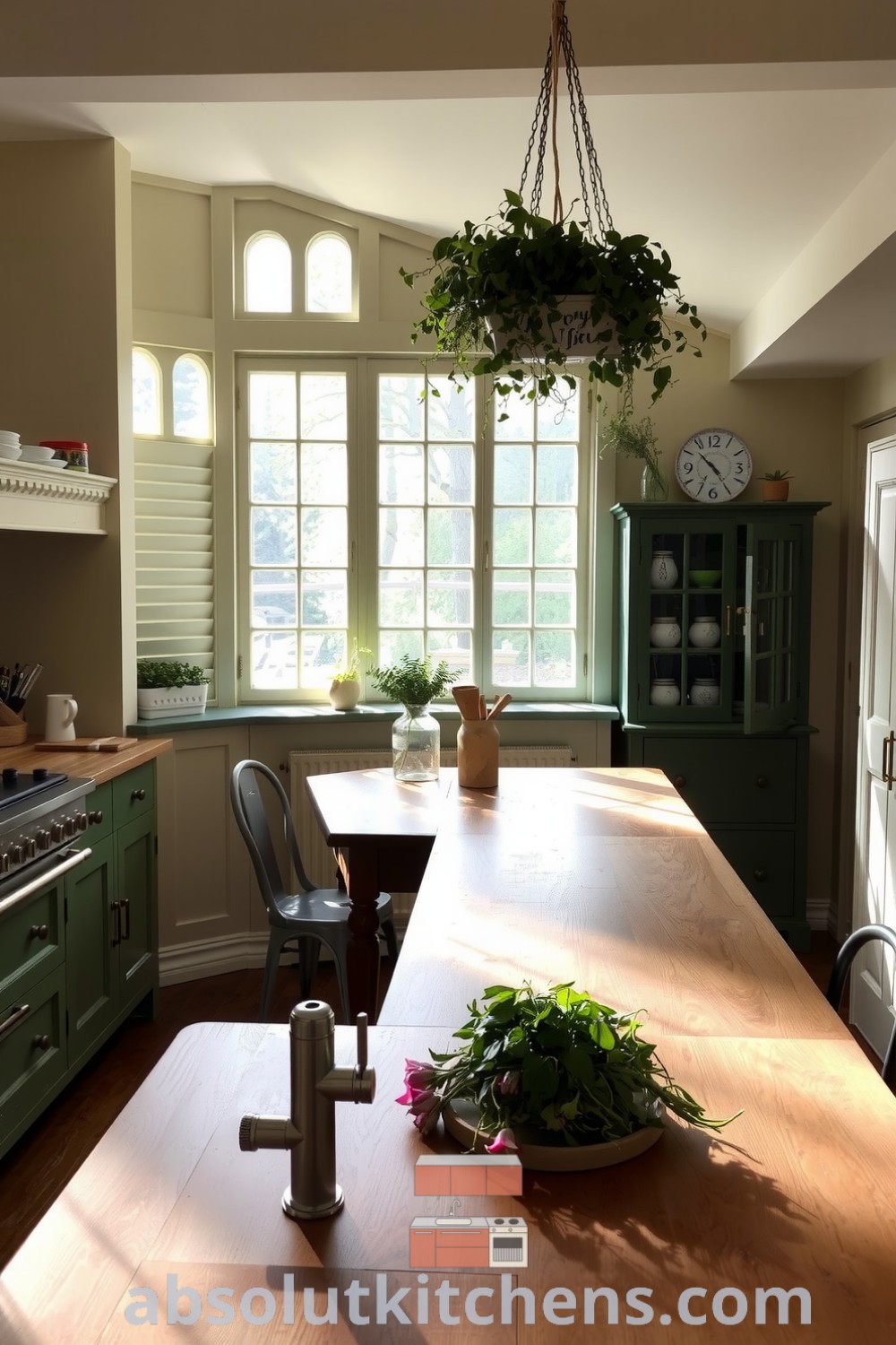 Cozy nature-inspired kitchen featuring soft green tones, reclaimed oak countertops, hanging herb planters, vintage farmhouse furniture, and a warm, inviting atmosphere for culinary creativity. Visit absolutkitchens.com for more inspiring decor ideas.