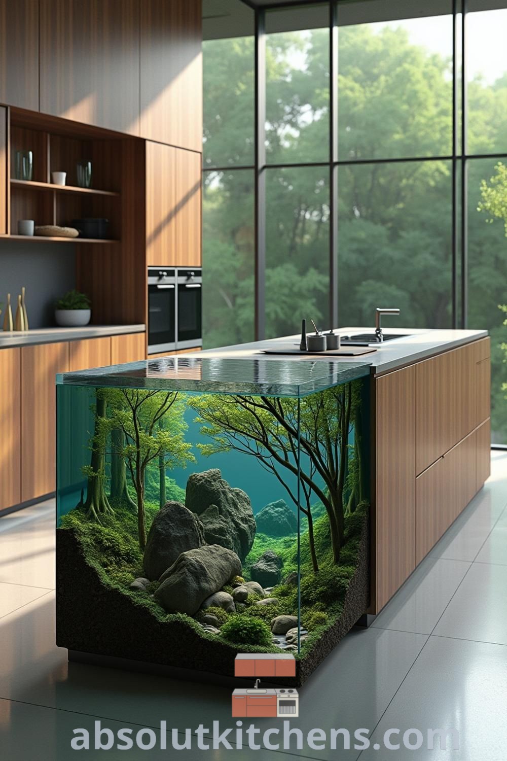 An elegant aquarium centerpiece on a kitchen counter featuring rocks and trees that resemble an underwater forest, offering cozy aesthetic decor ideas and a refreshing look for house or apartment interiors. Explore more stunning design trends at absolutkitchens.com.