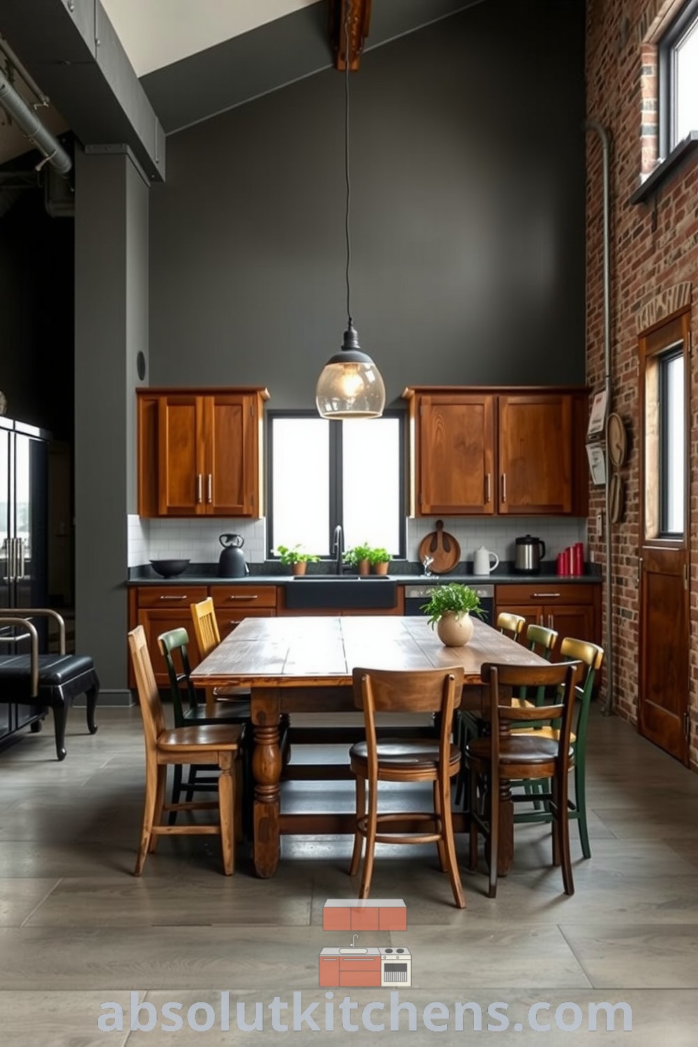 Cozy loft kitchen design with rustic wooden cabinets, exposed brick walls, mismatched chairs, and large weathered table, illuminated by natural light, ideal for friendly gatherings and welcoming home decor ideas from fireplacesandwoodstoves.com.