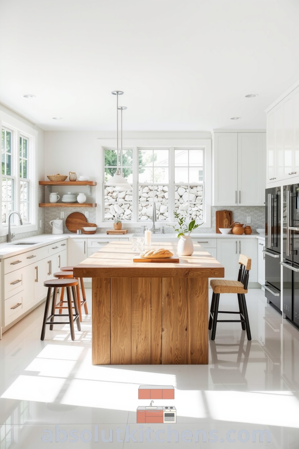 Cozy farmhouse kitchen featuring a reclaimed wood island, mismatched bar stools, large open windows, and a textured stone backsplash, perfect for unique decor inspirations and inviting touches. Visit absolutkitchens.com for more design ideas.