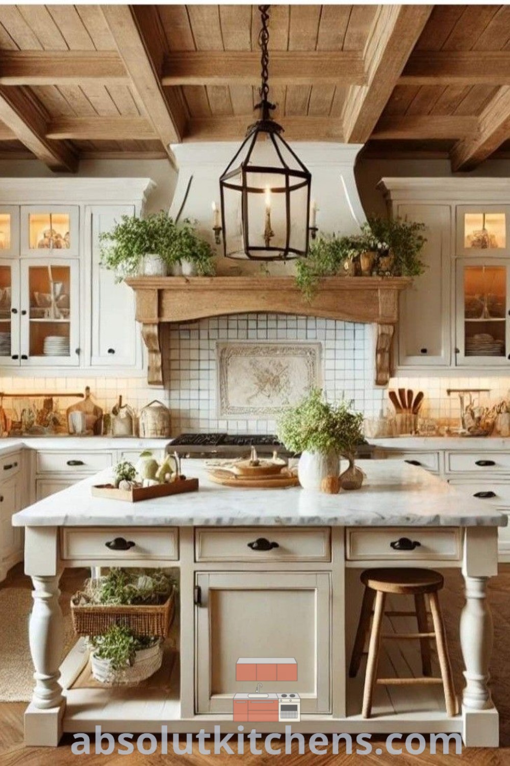 A cozy farmhouse kitchen with white cabinets, wooden beams, and vibrant potted plants, illustrating design trends that inspire warm and inviting atmospheres. Explore more modern farmhouse kitchen designs at absolutkitchens.com.
