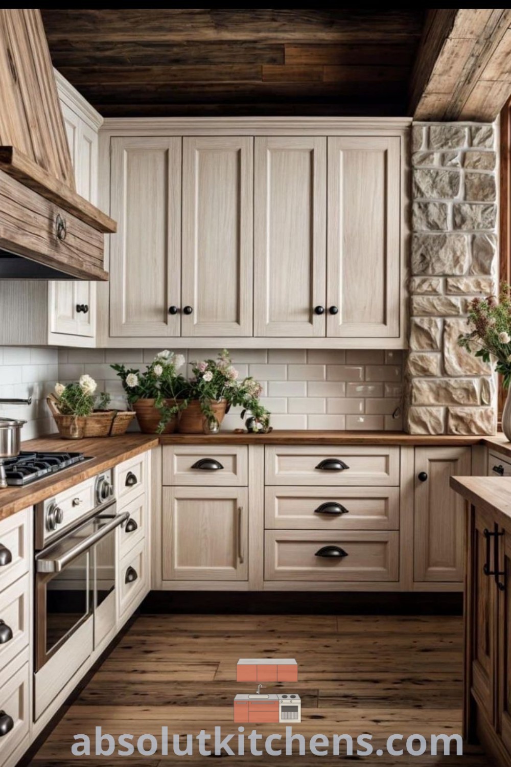 A cozy kitchen showcasing white cabinets and wood floors, featuring an oven and sink in front of a window. This Rustic Modern kitchen design emphasizes Shabby Chic aesthetics and farmhouse style with practical design tips and decor ideas for small spaces. Find inspiring kitchen designs at absolutkitchens.com.