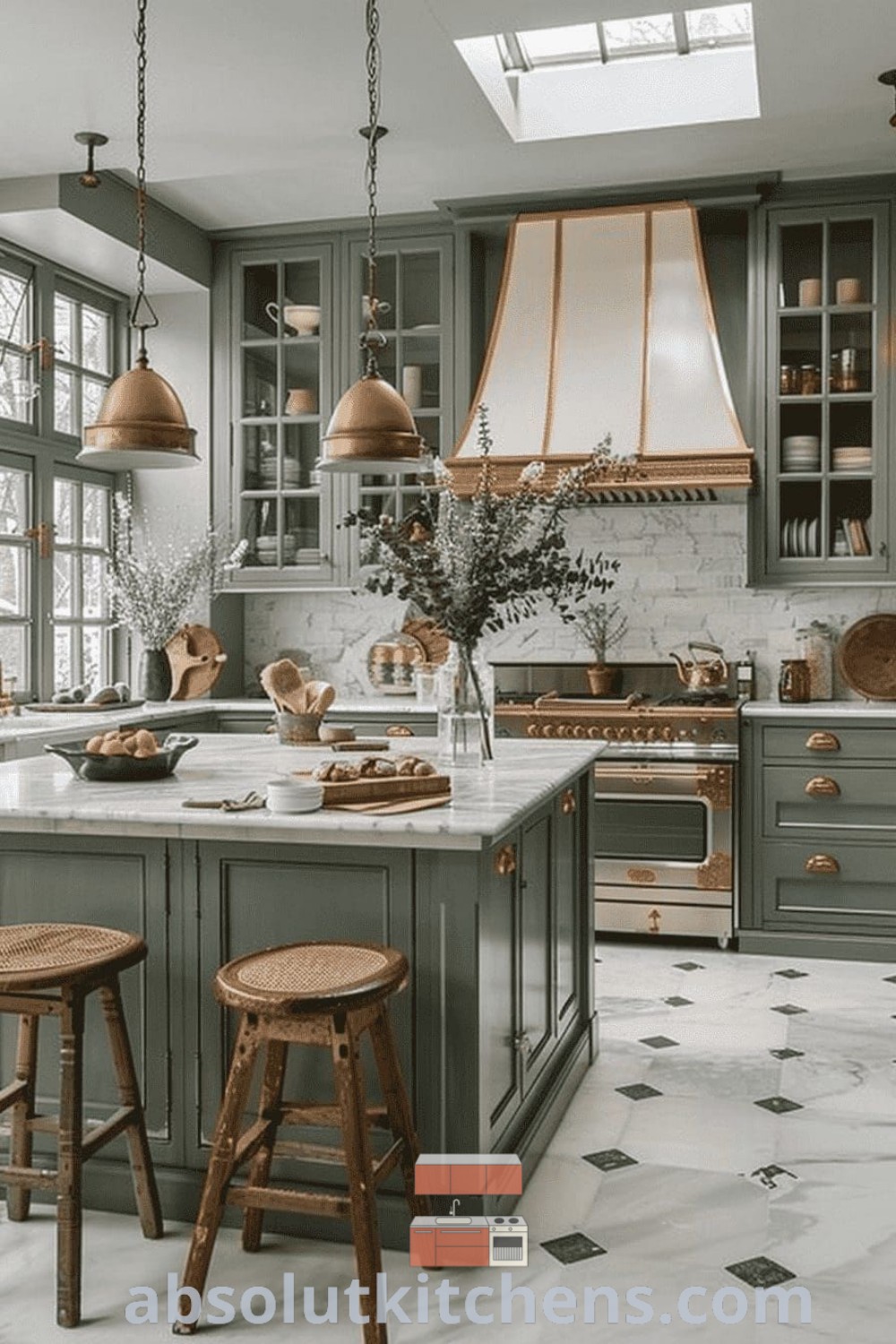 A warm green kitchen with dark countertops, featuring two stools in front of the island and an oven on the opposite side, showcases cozy aesthetic and functional design tips for house or apartment. Discover inspiring green kitchen ideas at absolutkitchens.com.