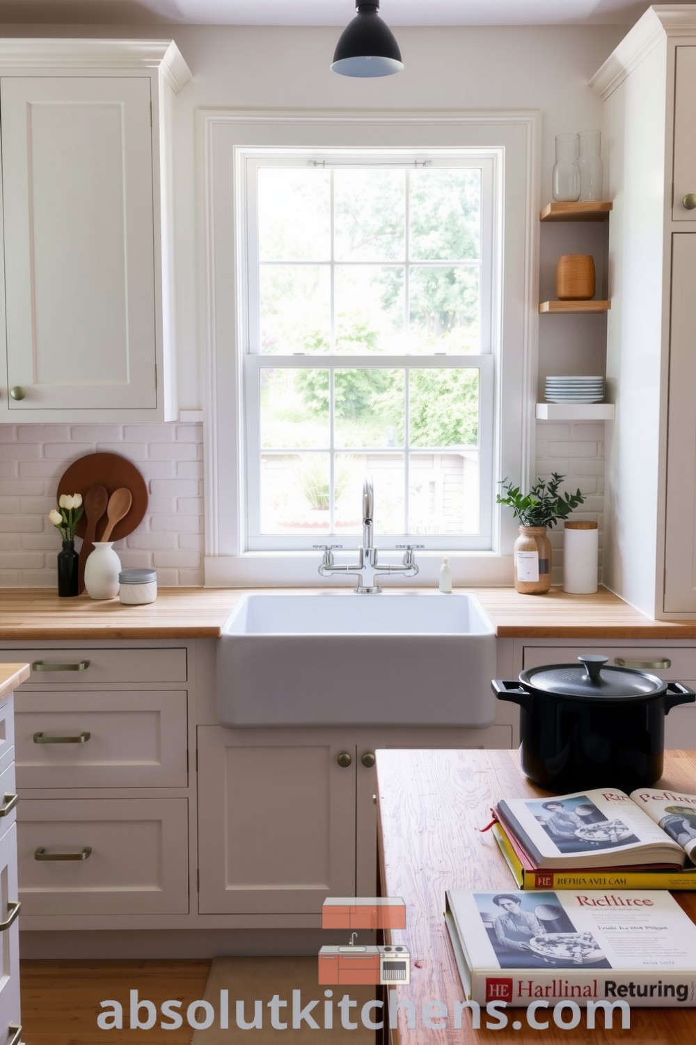 Cozy farmhouse kitchen with white cabinetry and reclaimed wood accents, featuring a sunny window with a garden view, a farmhouse sink, and scattered cookbooks, providing warm and inviting decor ideas for your home at absolutkitchens.com.