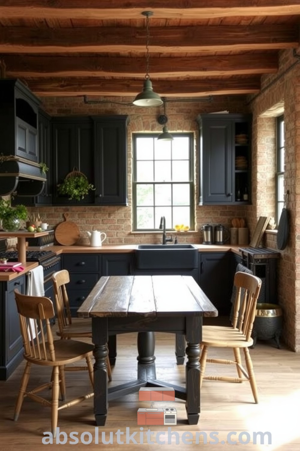 Cozy farmhouse kitchen with textured wooden beams, rustic brick walls, a weathered table, and a sunny sink, featuring drying herbs and warm decor ideas for an inviting and charming atmosphere; see more at absolutkitchens.com.