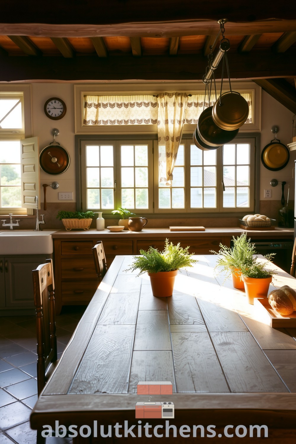 Cozy French kitchen with warm sunlight filtering through lace curtains, an oak table, terracotta pots of herbs, and freshly baked bread, offering inspiring decor ideas for your home at absolutkitchens.com.