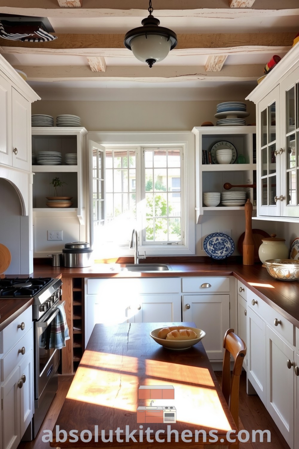 Cozy farmhouse kitchen featuring whitewashed cabinets, a wooden table, and mismatched plates on open shelves, capturing a warm and inviting atmosphere ideal for family gatherings. Visit absolutkitchens.com for inspiring decor ideas for your home.