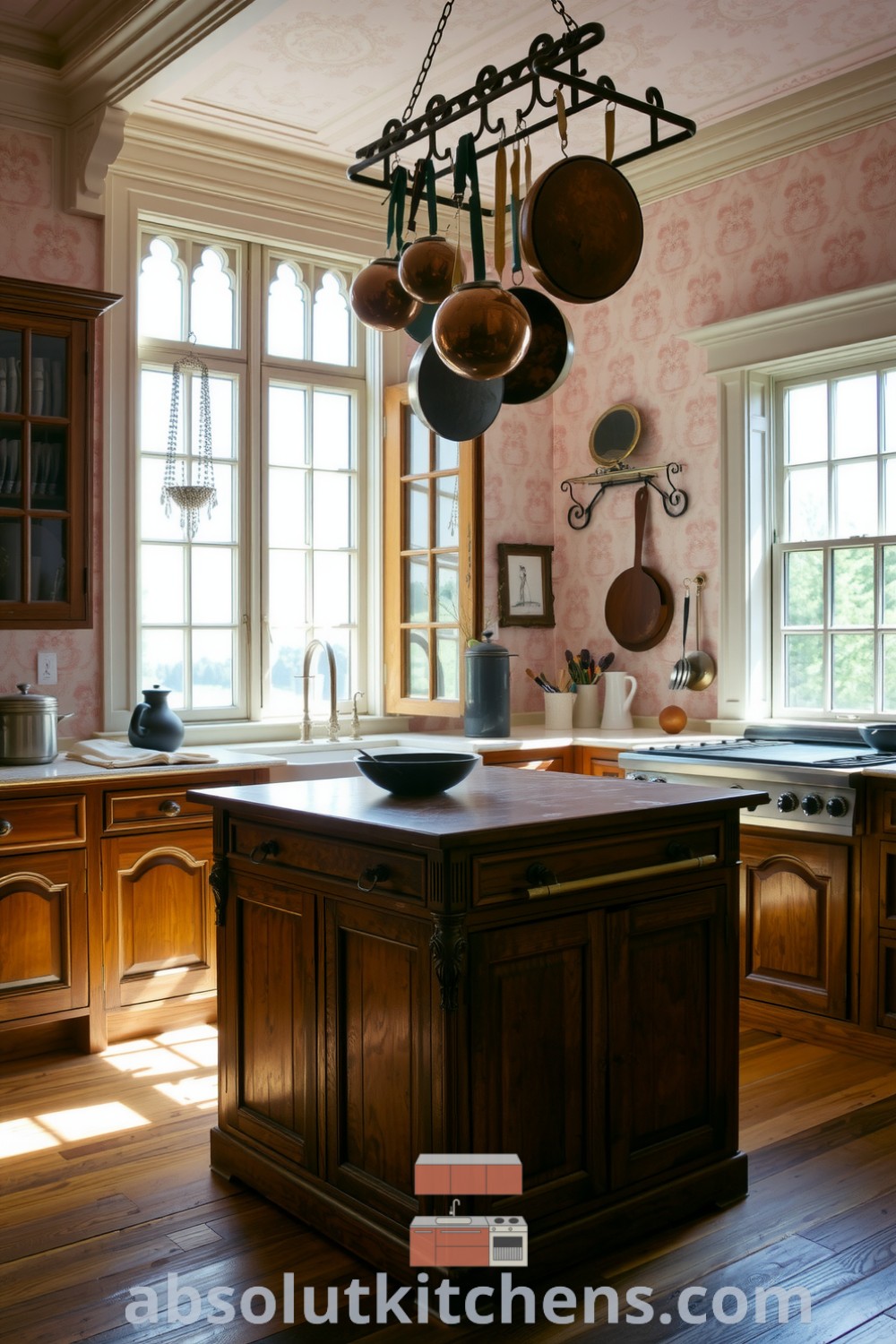 Cozy Victorian kitchen with soft pink tones, intricate wallpaper, wooden cabinets, rustic island, and antique copper pots illuminated by sunlight, creating a warm and inviting atmosphere. Visit absolutkitchens.com for inspiring design ideas for your home.