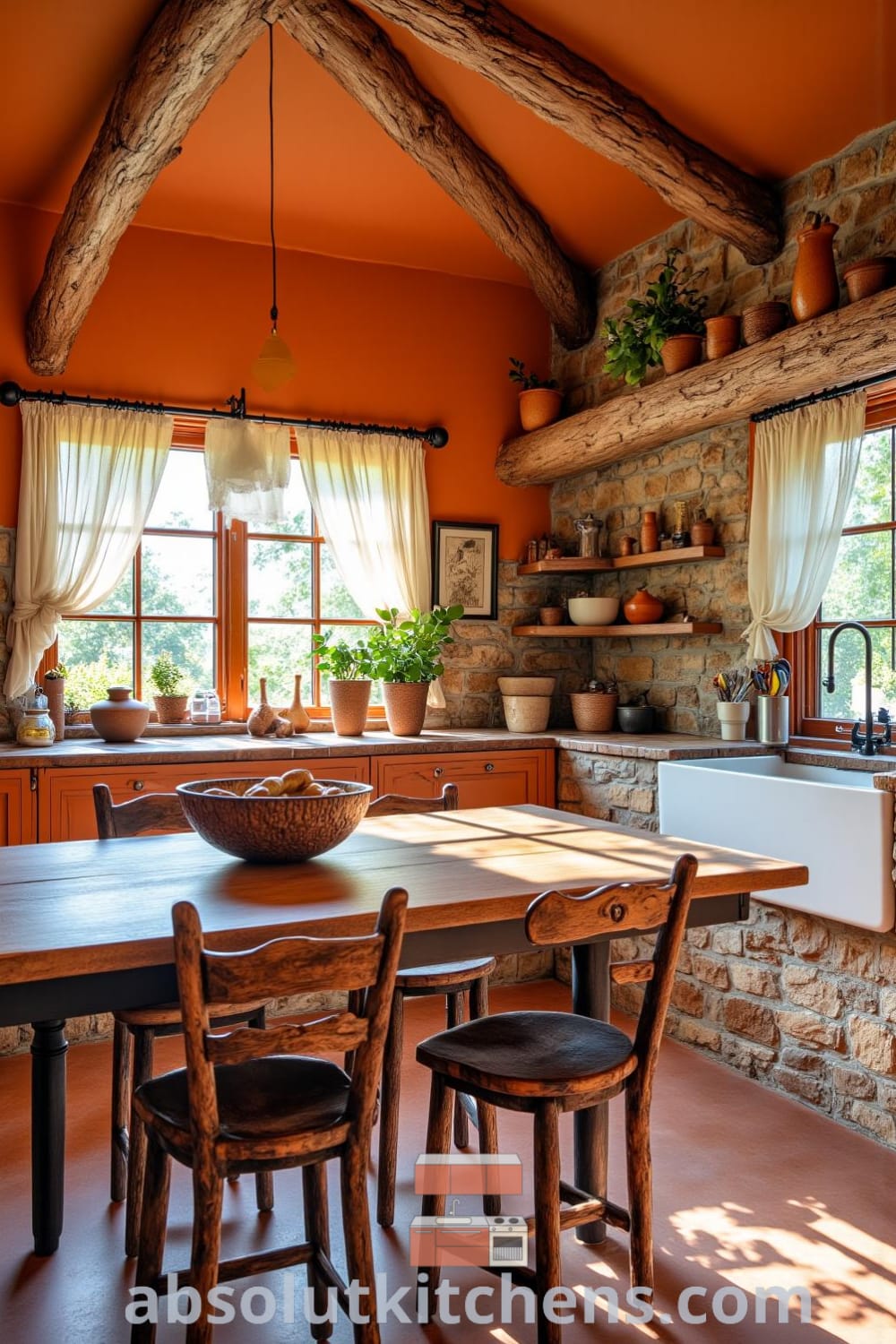 Rustic kitchen featuring timber beams, stone walls, weathered wooden table, and mismatched chairs, illuminated by sunlight through sheer curtains, creating a cozy atmosphere perfect for family meals. Discover more cozy ideas at fireplacesandwoodstoves.com.
