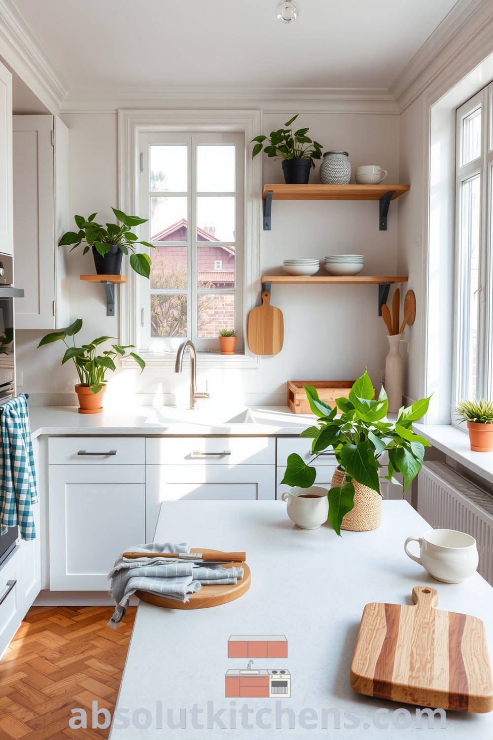 Cozy Scandinavian kitchen with soft white tones, natural wood accents, and large windows, featuring vibrant houseplants and a rustic wooden table that invites family gatherings, offering inspiring decor ideas for your home at fireplacesandwoodstoves.com.