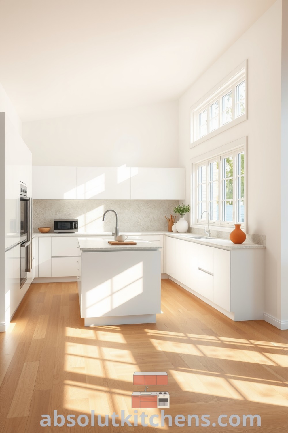 Minimalist white kitchen with natural wood flooring, sleek white cabinets, and a rustic stone backsplash, featuring a central island and filled with sunlight, offering cozy decor ideas and inspirations for creating an inviting home atmosphere, website fireplacesandwoodstoves.com.