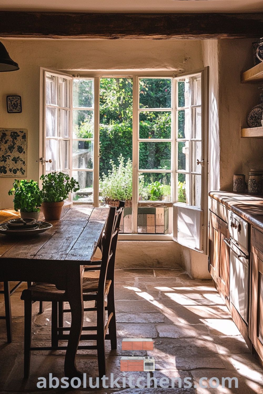Vintage French kitchen scene on absolutkitchens.com featuring sunlight, aged oak cabinetry, cozy aesthetic, and decor ideas for small spaces.