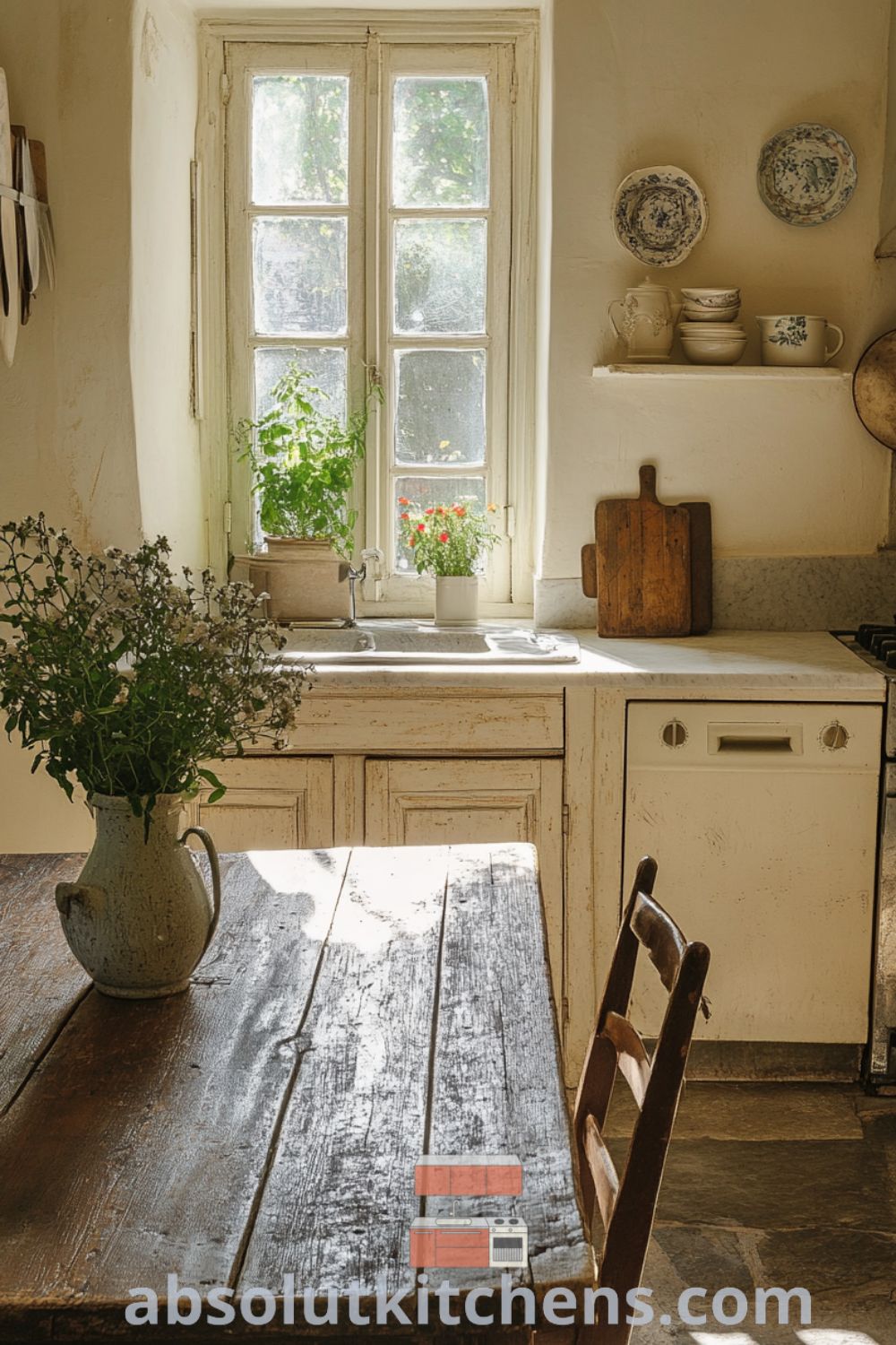 Charming French country kitchen on absolutkitchens.com featuring rustic wooden cabinets, inviting farmhouse table, decor ideas for small spaces, and cozy aesthetic.