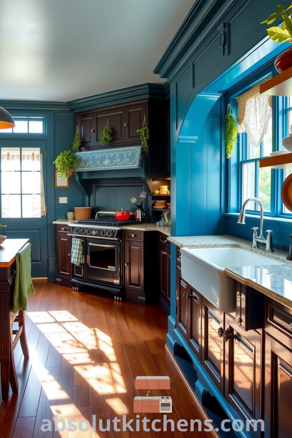 Cozy Victorian kitchen with blue hues, dark wood cabinetry, and polished stone countertops, featuring sunlight filtering through lace curtains and hanging herbs, creating a warm and inviting atmosphere for home-cooked memories at absolutkitchens.com.