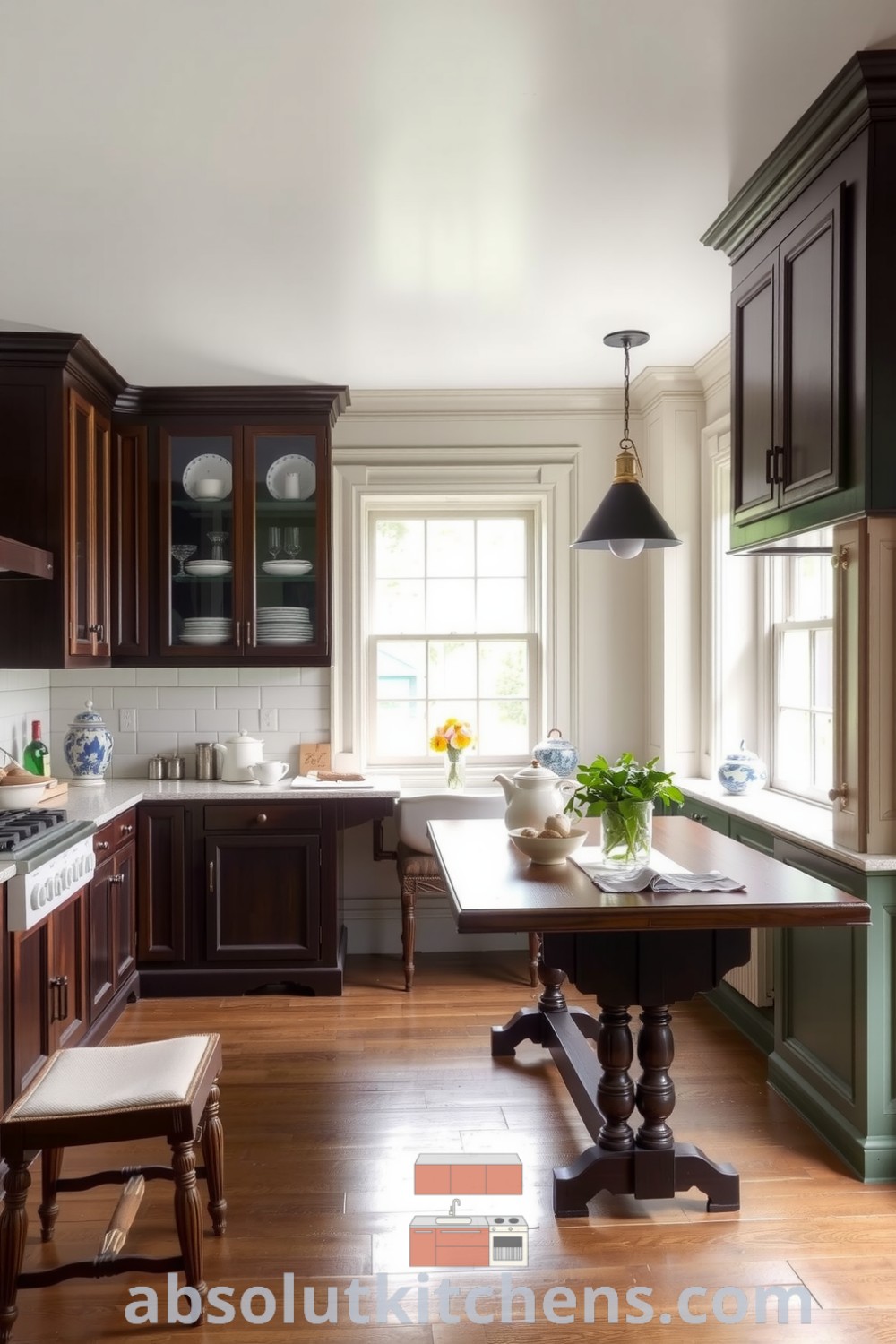 Cozy Victorian kitchen with dark wooden cabinets, cream walls, and elegant brass fixtures, showcasing vibrant ceramic dishes and a heavy farmhouse table, perfect for family gatherings. Visit absolutkitchens.com for inspiring decor ideas.