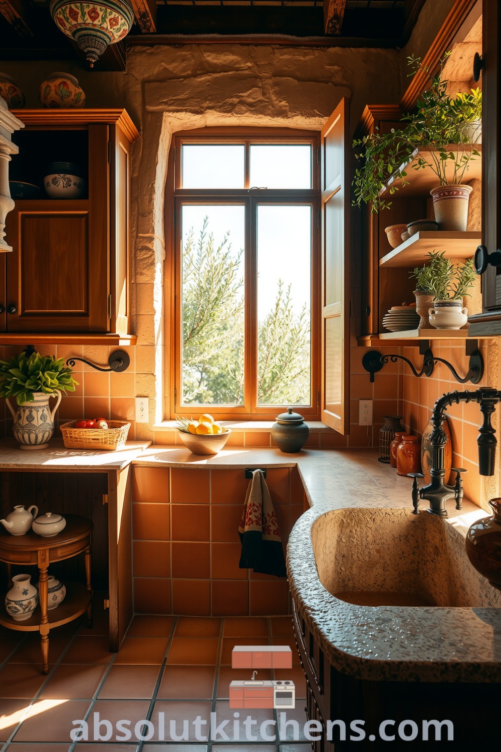 Cozy Mediterranean kitchen featuring rich brown wooden cabinets, terracotta tiles, open shelves with hand-painted pottery and fresh herbs, and a deep stone sink with a view of olive trees, creating a warm and inviting atmosphere perfect for home cooking. Visit absolutkitchens.com for inspiring decor ideas.