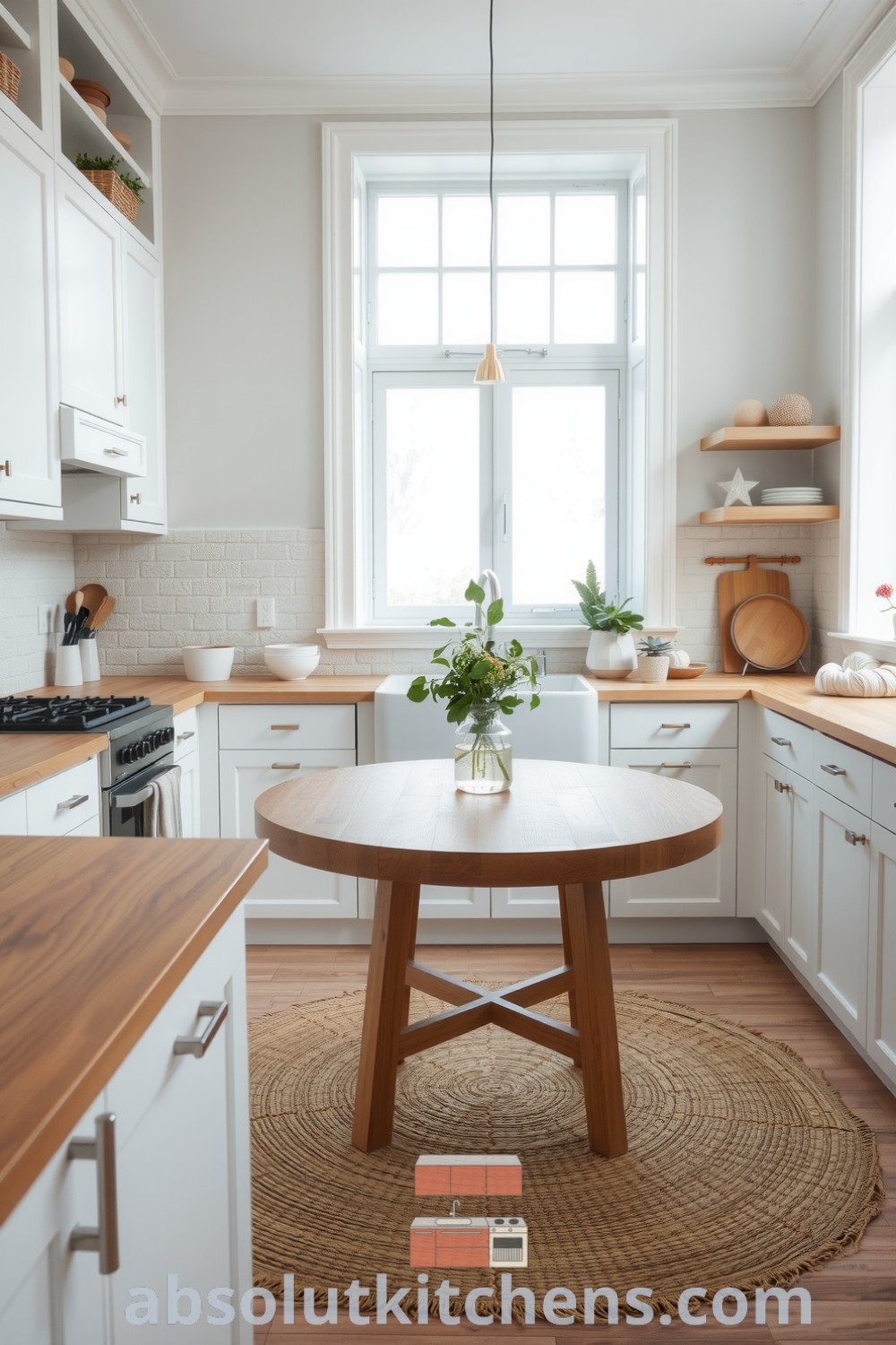 Scandinavian kitchen design showcasing white cabinetry, textured stone backsplash, wooden countertops, and a round reclaimed wood dining table, creating a warm and inviting atmosphere, featuring cozy decor ideas for your home, seen on fireplacesandwoodstoves.com.