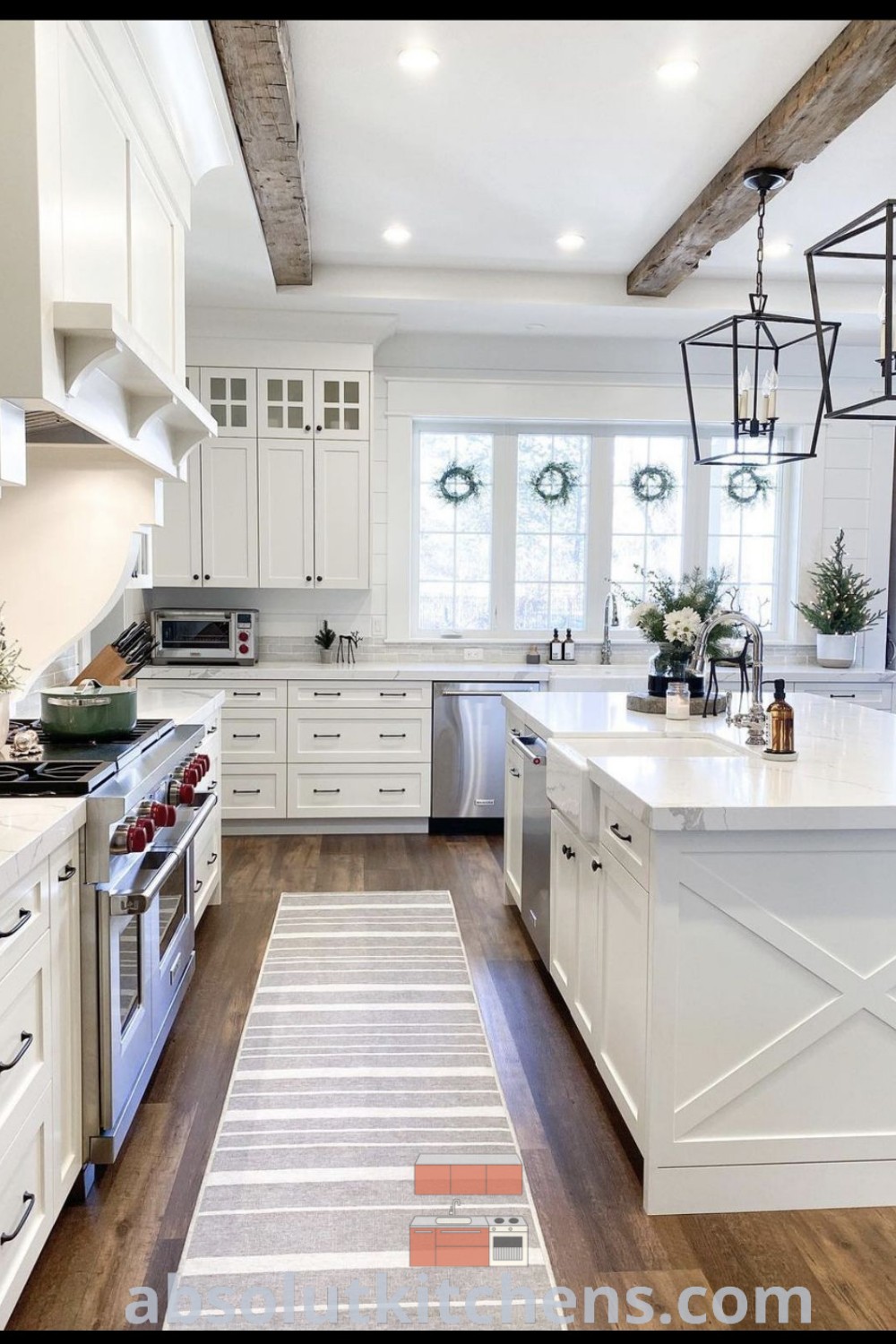 A bright farmhouse kitchen with white cabinets and wood flooring, showcasing a clean and ready-to-use space for cooking or baking. This design offers ideas for new house kitchens, blending functionality with a cozy aesthetic. Inspiring decor ideas for small spaces and farmhouse style kitchens can be found at absolutkitchens.com.