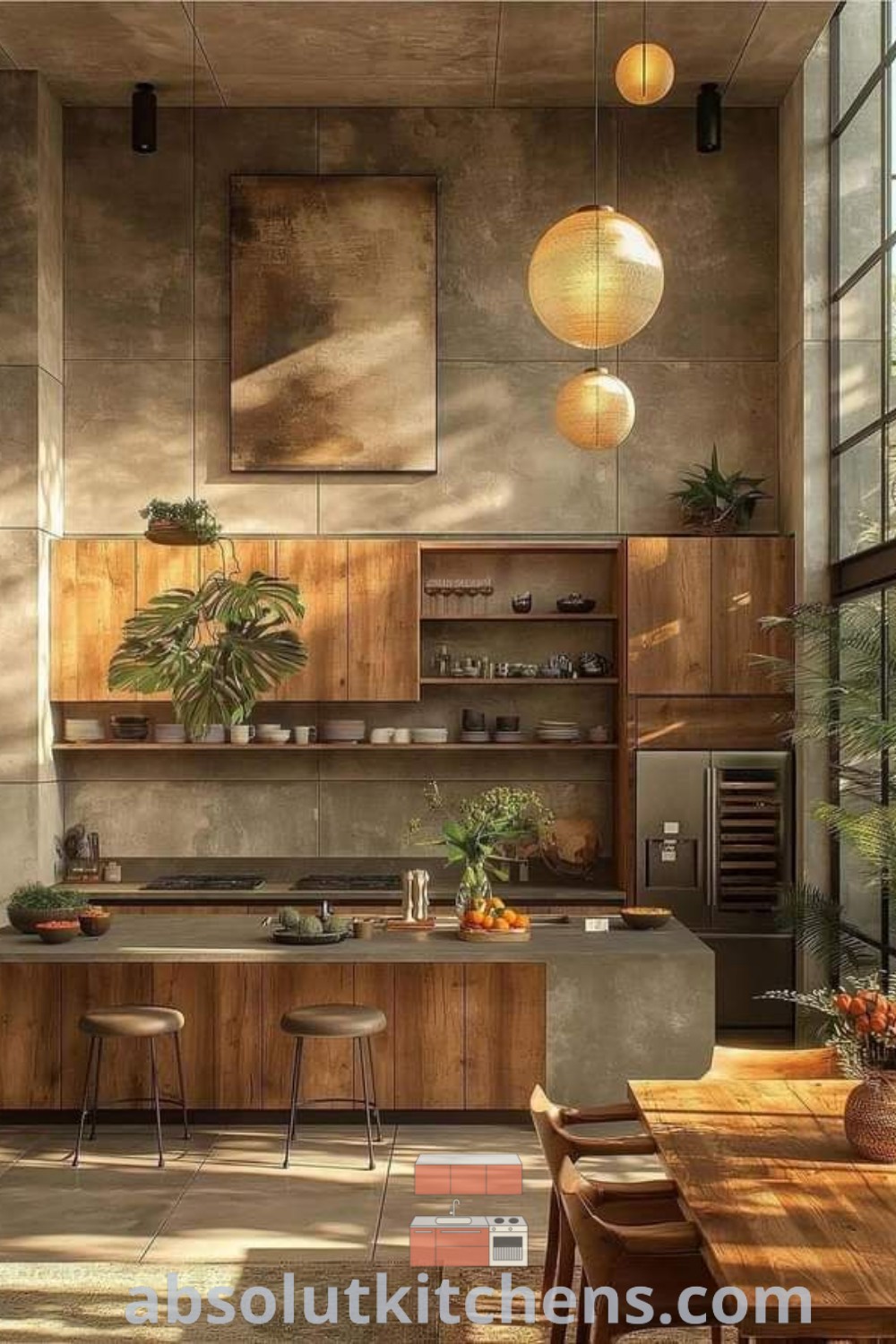 An open kitchen with wooden cabinets and lush plants on the countertop, illuminated by stylish hanging lights, showcasing contemporary wood kitchen ideas and tropical design trends at absolutkitchens.com.