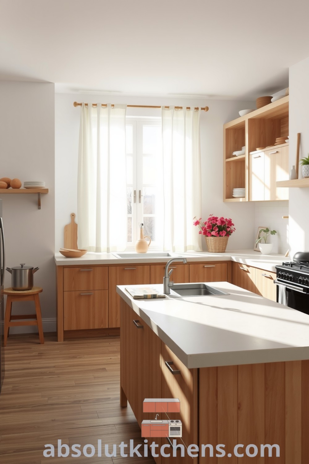 Bright Scandinavian kitchen featuring wooden cabinets, a light-colored stone island, and ceramic dishware on open shelves, exuding a cozy atmosphere, perfect for family gatherings. Visit fireplacesandwoodstoves.com for more cozy home design ideas.