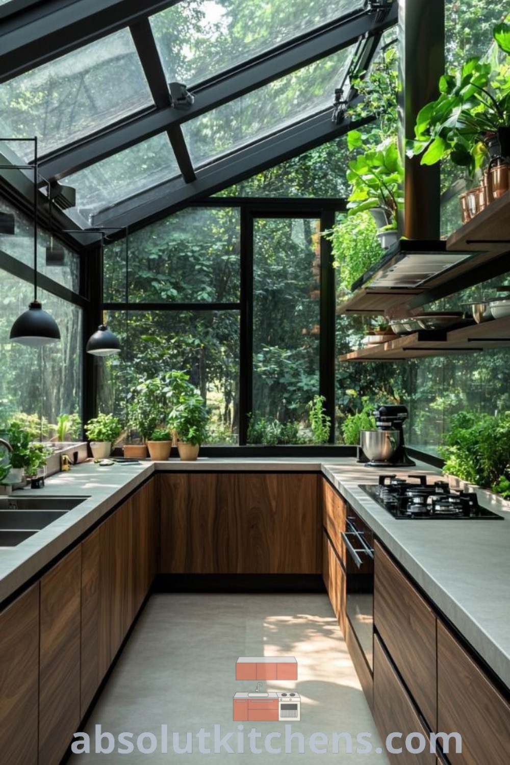 A modern kitchen filled with green plants, showcasing urban modern design with glass walls, large windows, and green kitchen glass cabinets. This inspiring space blends nature with contemporary aesthetics, offering decor ideas for small spaces. Visit absolutkitchens.com for more design tips and inspiration.