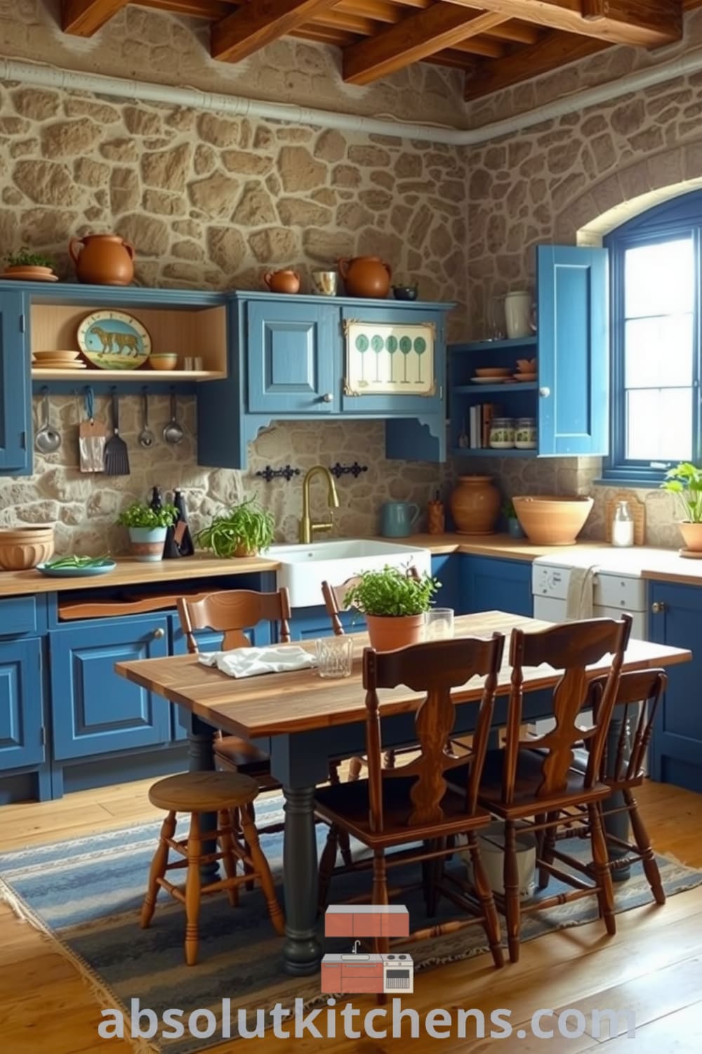 A rustic kitchen featuring blue accents, distressed wooden cabinetry, and rough stone walls, with a large farmhouse sink under a window, earthen pots of herbs, and a weathered dining table surrounded by mismatched chairs, embodying cozy ideas and inspiring decor for your home at fireplacesandwoodstoves.com.