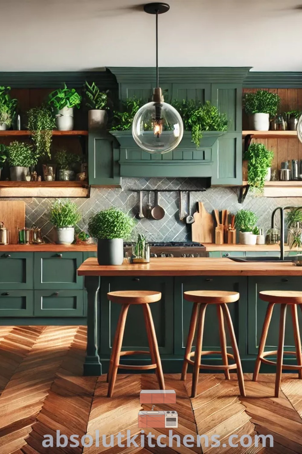 A beautiful kitchen showcasing green cabinets and wooden flooring, accentuated by potted plants on the shelves, reflecting modern kitchen design and organization tips. Explore cozy aesthetic ideas and inspiring decor suggestions for your house or apartment at absolutkitchens.com.