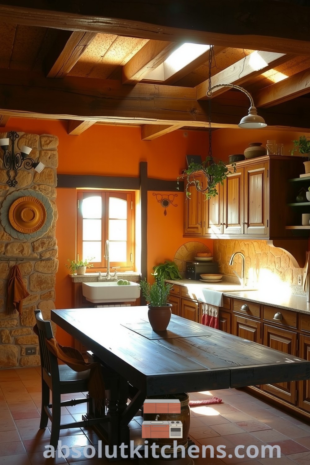 Cozy rustic kitchen with textured stone walls, wooden beams, and a large handcrafted dining table, adorned with clay pots of herbs, creating a warm and inviting atmosphere for family gatherings. Visit absolutkitchens.com for inspiring decor ideas.