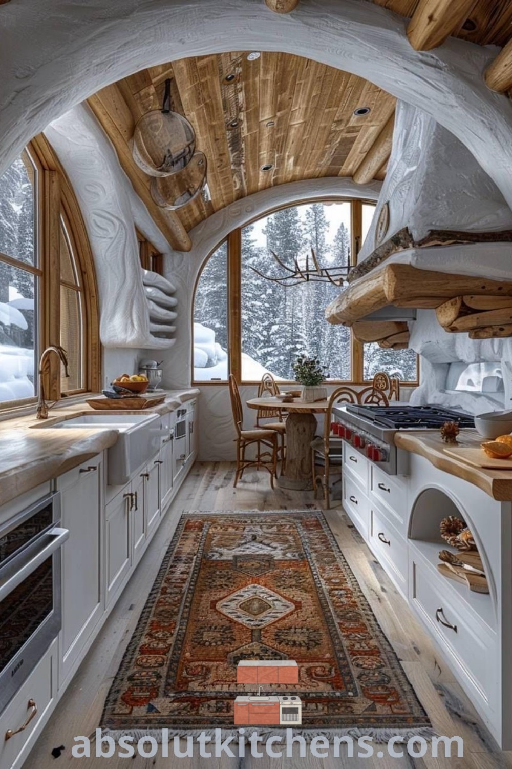 An interior view of a snow-capped mountain cabin kitchen and dining area featuring rustic home design elements, cozy aesthetic, and small kitchen ideas. This inviting space offers dream house decor inspiration while showcasing unique design trends. Explore more cozy cabin home designs at absolutkitchens.com.