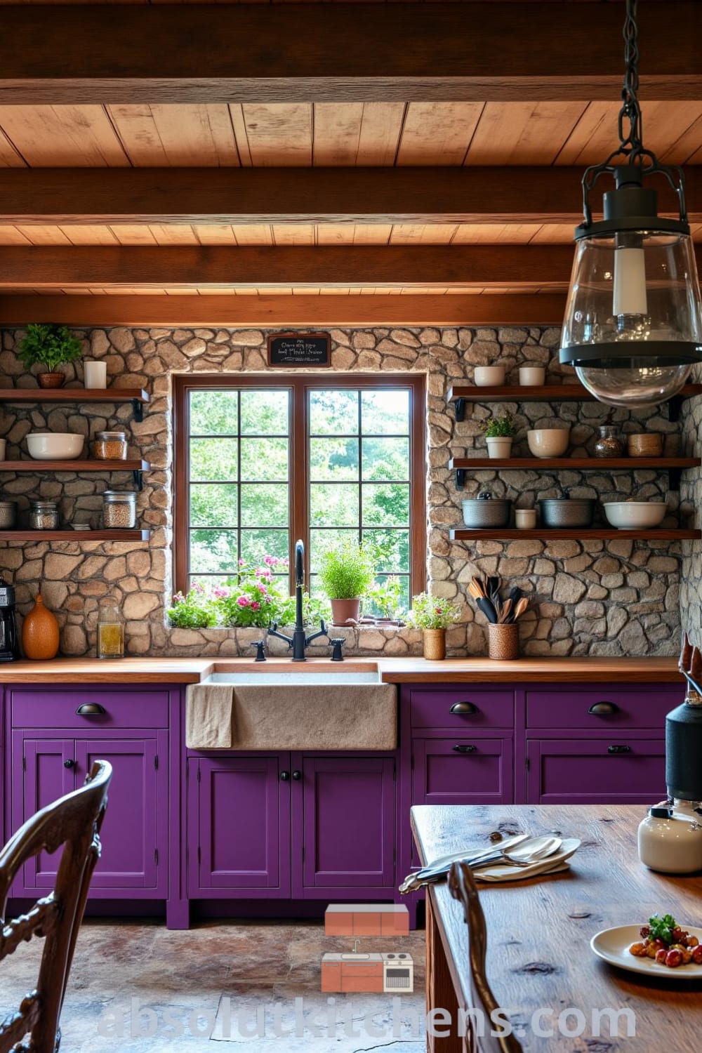 Rustic kitchen featuring wooden beams, muted stone walls, farmhouse sink, and antique table, enhanced by purple accents and a view of a blooming herb garden, showcasing cozy ideas for home decor and design inspirations from fireplacesandwoodstoves.com.