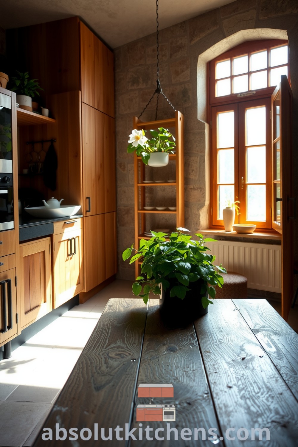 Cozy nature-inspired kitchen with natural stone tiles, rustic wooden cabinets, and a thriving indoor herb garden on the windowsill, featuring a simple wooden table. Visit absolutkitchens.com for design ideas and inspirations.