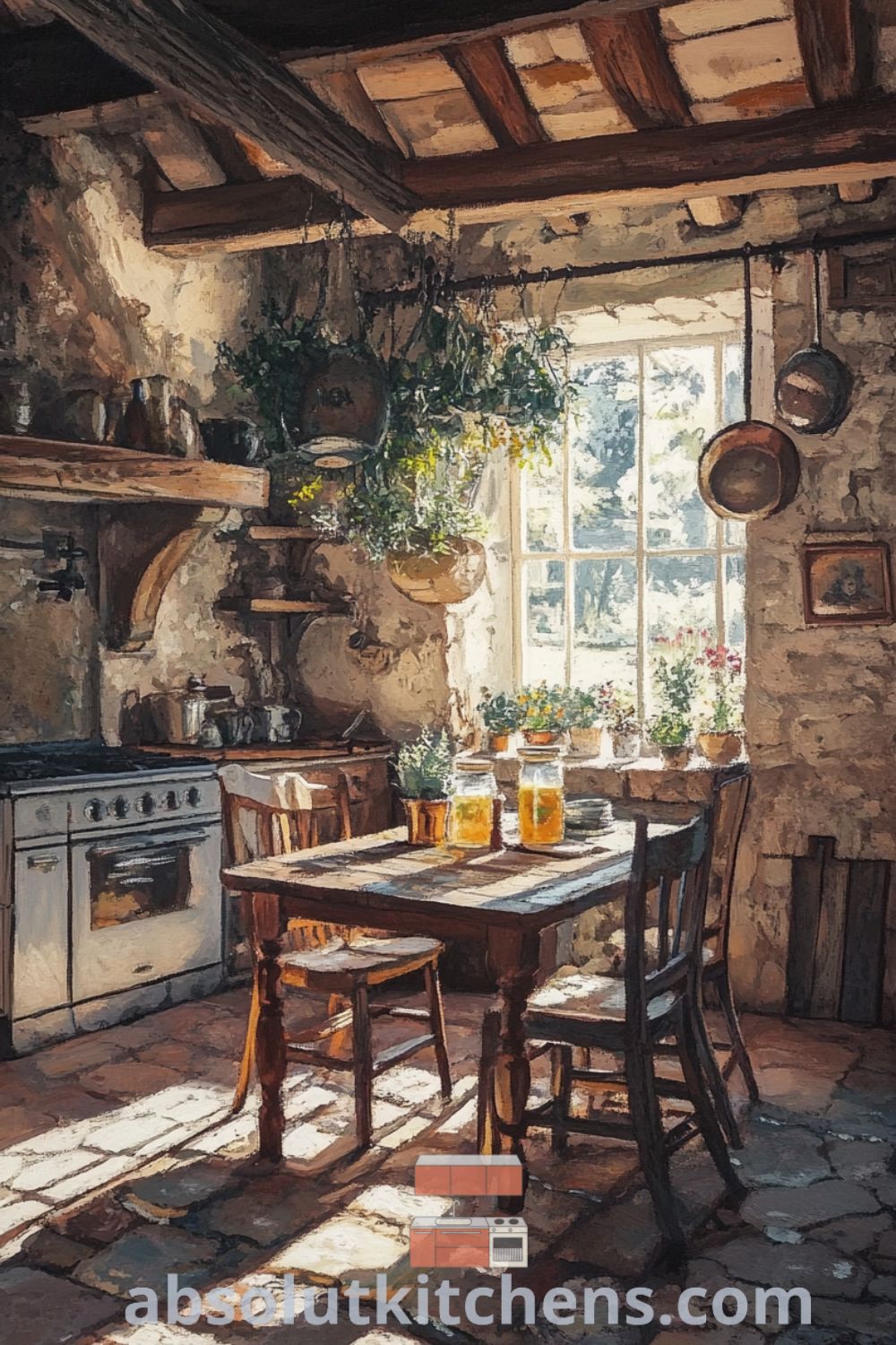 Welcoming French kitchen scene on absolutkitchens.com featuring reclaimed wood accents, cozy aesthetic, and inspiring decor ideas for small spaces.