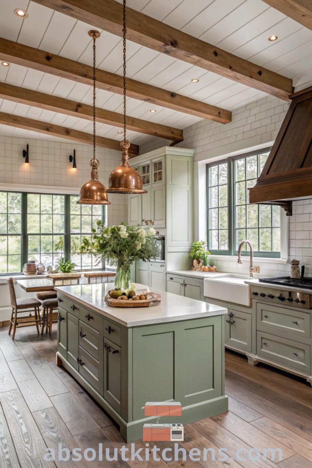 A large kitchen with green cabinets and wooden floors, showcasing a cozy modern farmhouse design ideal for entertaining. This open country kitchen layout features a U-shape and inspiring decor ideas for homes, highlighting the latest kitchen styles from absolutkitchens.com.