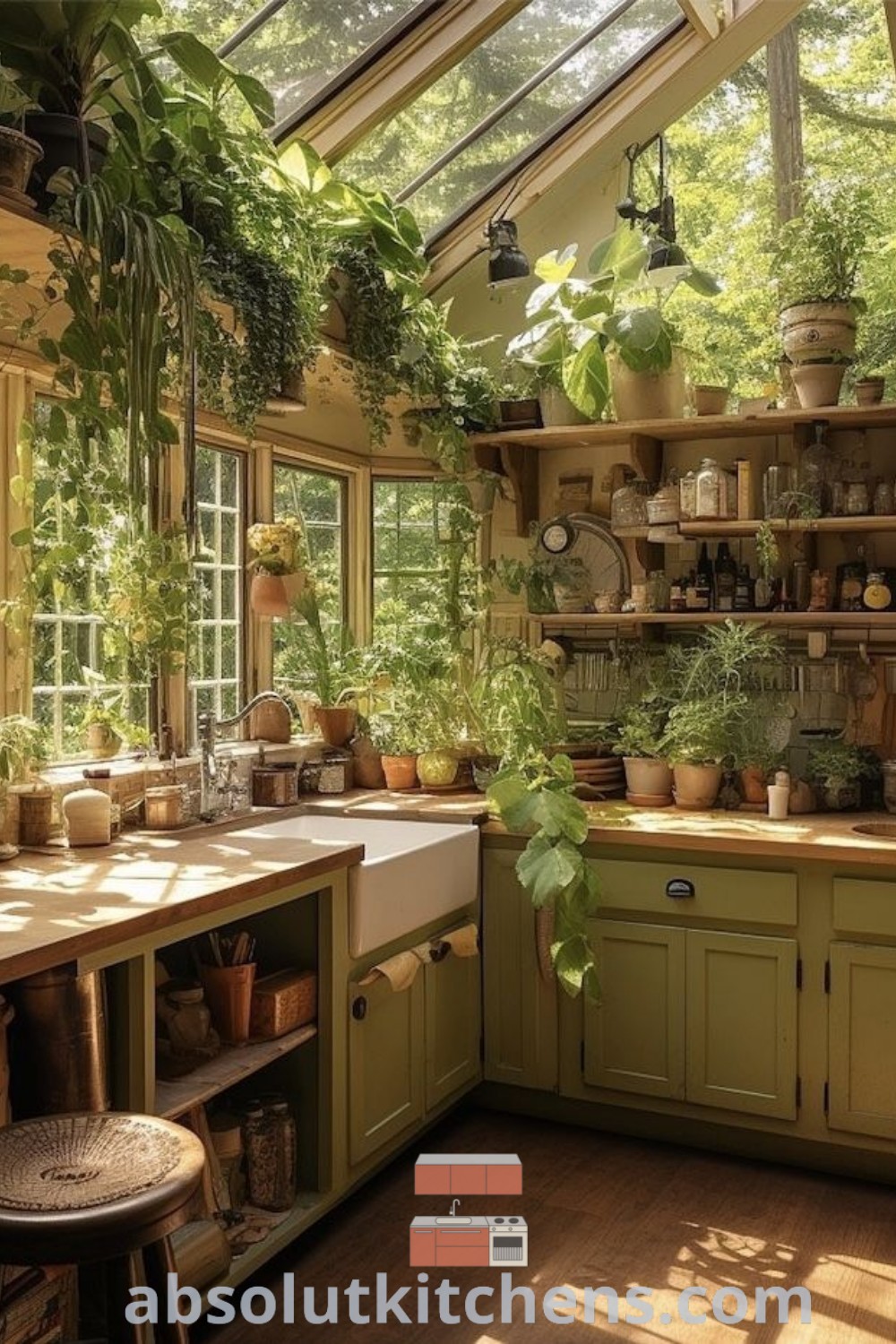 A kitchen filled with lush potted plants next to a sunlit window, showcasing ecofriendly houses interior design. This space offers kitchen ideas plants, integrating a cozy aesthetic with decor ideas for small spaces. Explore more on absolutkitchens.com.