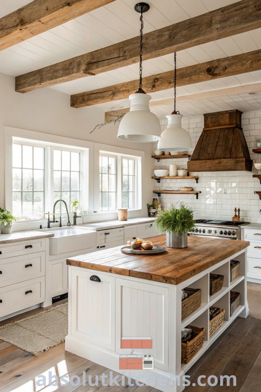A large white and natural wood kitchen featuring wooden beams, an island, and no upper cabinets, embodying a cozy farmhouse style. Ideal for those seeking design tips for practical living spaces, find more kitchen inspiration at absolutkitchens.com.