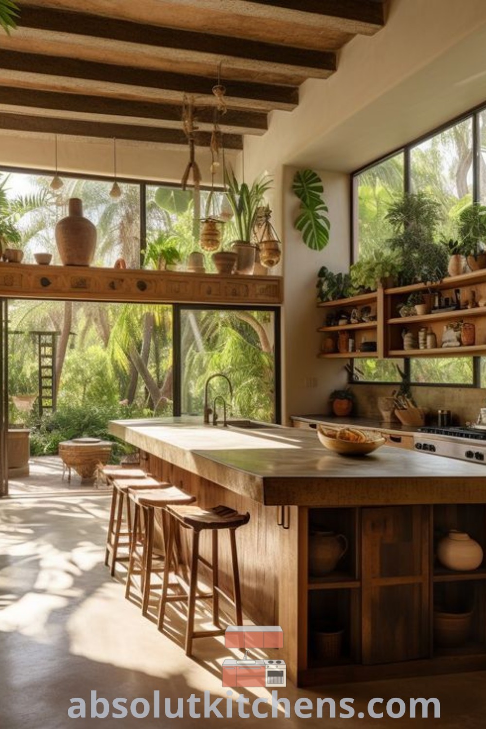 A biophilic kitchen filled with vibrant potted plants that enhance the atmosphere, showcasing design ideas for indoor spaces and biophilic design trends. This inspiring decor promotes a cozy aesthetic, ideal for house or apartment. For more decor ideas, visit absolutkitchens.com.