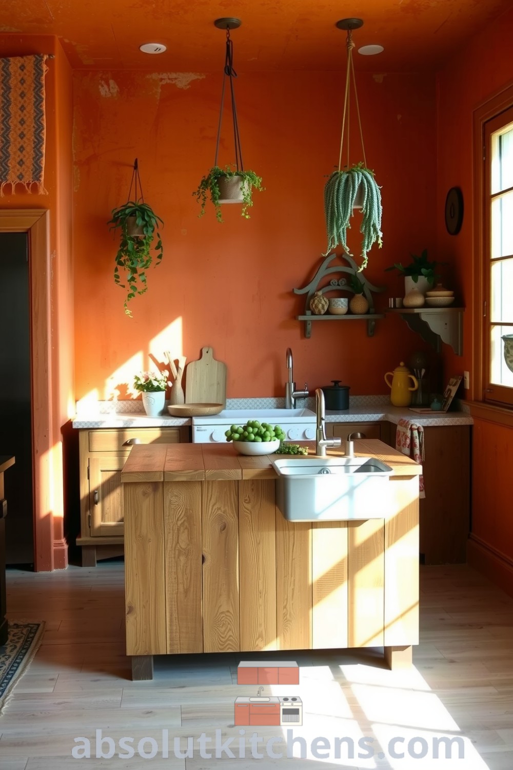 Cozy boho kitchen with warm orange palette, reclaimed wood island, whimsical patterned textiles, hanging plants, and a farmhouse sink, creating an inviting atmosphere for culinary creativity. Visit absolutkitchens.com for unique decor ideas and inspirations for your home!