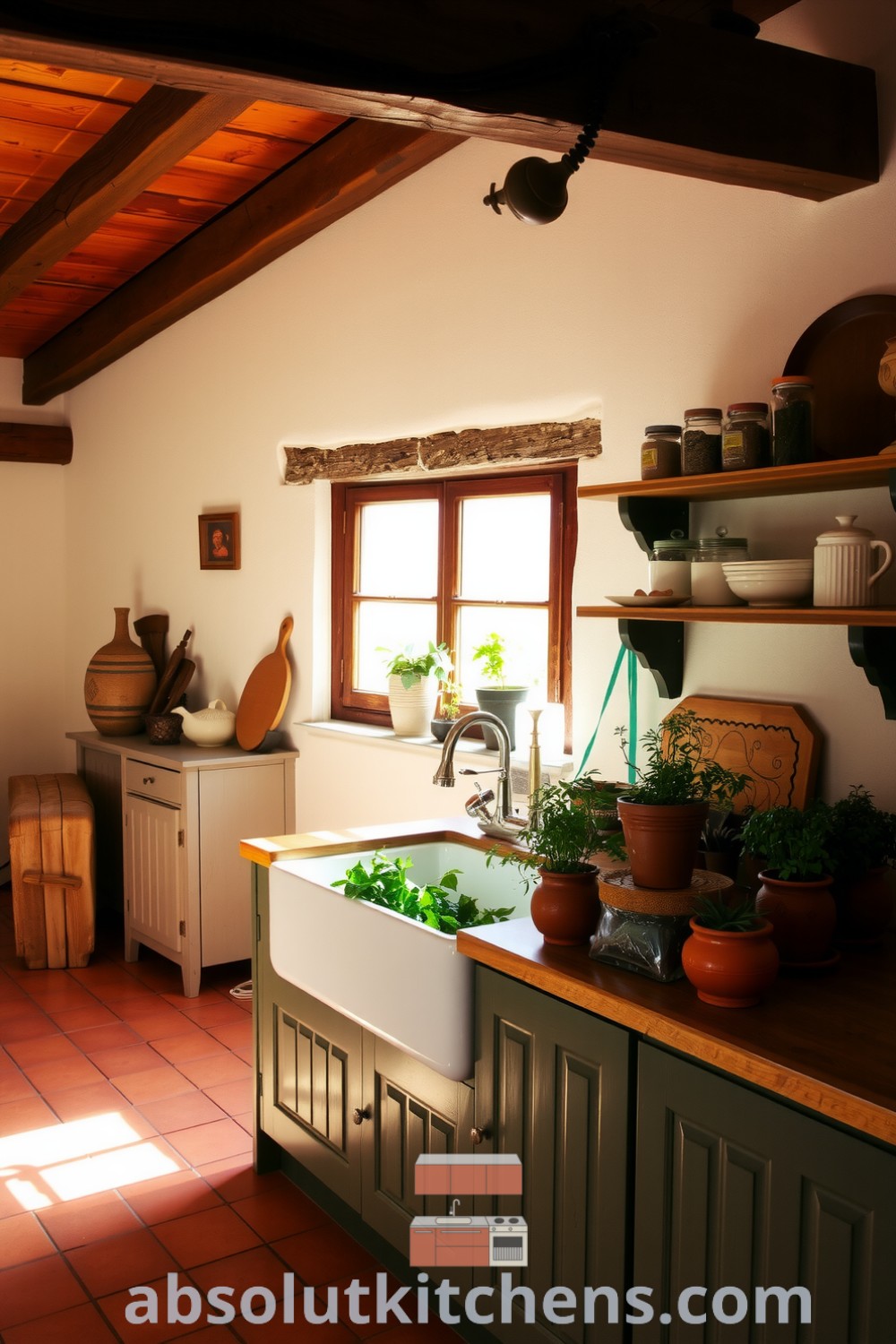 Cozy French kitchen with terracotta tiles, wooden beams, farmhouse sink, and potted herbs, showcasing inspiring decor ideas and unique touches for a warm and inviting home. Visit absolutkitchens.com for more design inspirations.