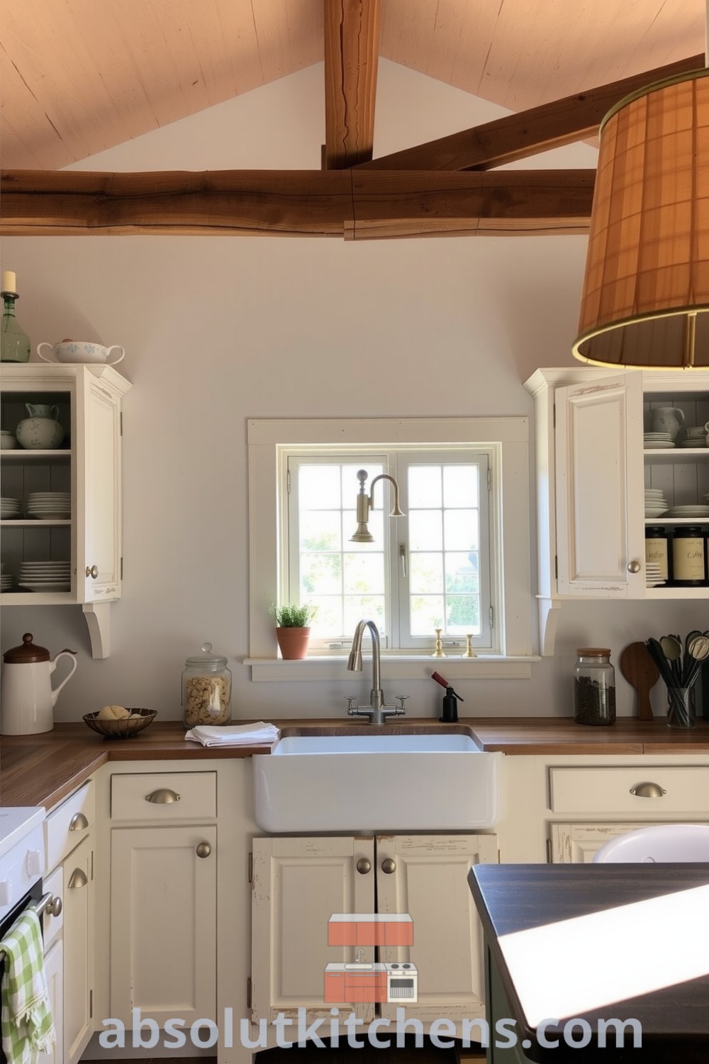 Cozy farmhouse kitchen featuring rustic wooden beams, weathered cabinets filled with mismatched pottery and spice jars, and a farmhouse sink under a large window, showcasing design ideas for inviting and warm decor inspirations. Visit absolutkitchens.com for more cozy home decor ideas.