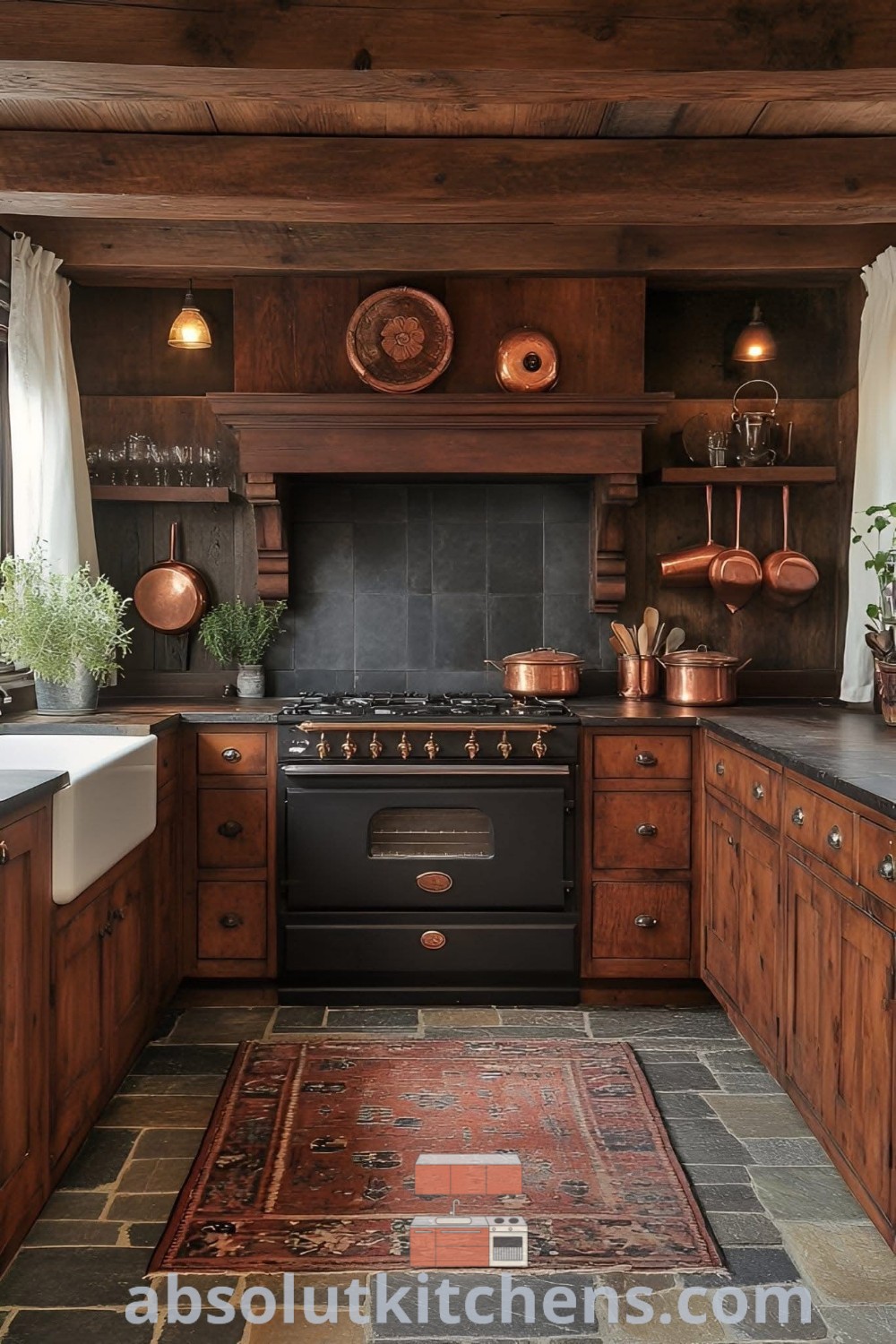 A cozy American rustic kitchen showcasing wooden cabinets, a black stove top oven, and a white sink in front of a window. This space embodies Early American Home Decor and Colonial American Decor, offering design tips for a charming, functional kitchen. Find inspiring decor ideas for your home at absolutkitchens.com.
