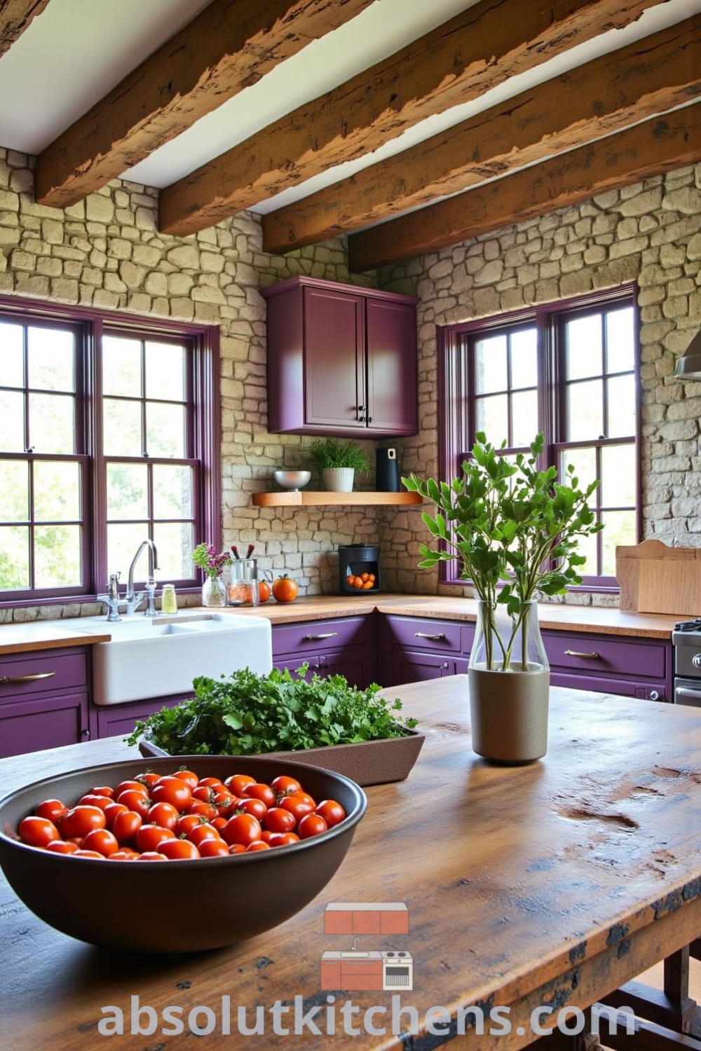 Rustic kitchen with muted purple accents, distressed cabinetry, textured stone walls, and a farmhouse sink, overflowing with ripe tomatoes and fresh herbs, inviting a cozy and vibrant atmosphere, perfect for family gatherings and decor inspirations for your home from fireplacesandwoodstoves.com.