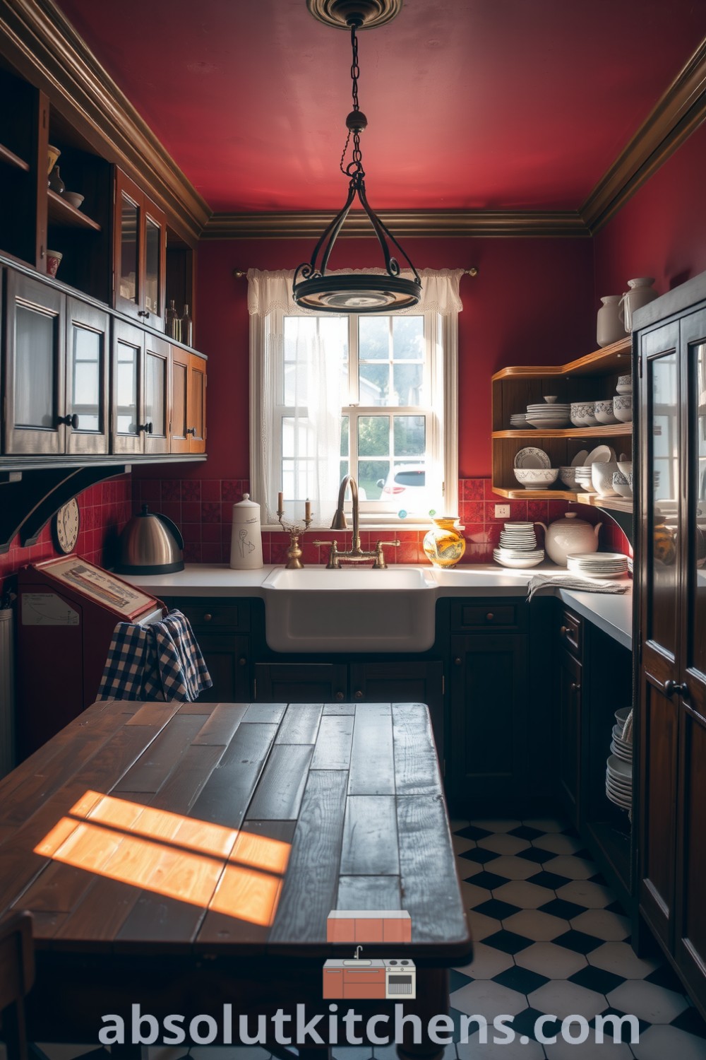 Cozy Victorian kitchen featuring rich red walls, dark wooden cabinetry, a gleaming farmhouse sink, and a large wooden table, accented by ceramic bowls on shelves and sunlight filtering through lace curtains, showcasing inviting decor ideas for a warm and lived-in atmosphere at absolutkitchens.com.