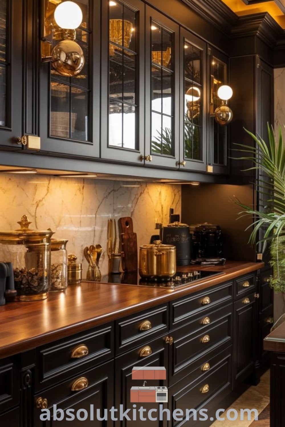 A modern kitchen featuring black cabinets, gold accents on quartz countertops, and a potted plant, showcasing a sophisticated and moody design that reflects gothic and rustic styles. Discover inspiring ideas for your kitchen at absolutkitchens.com.