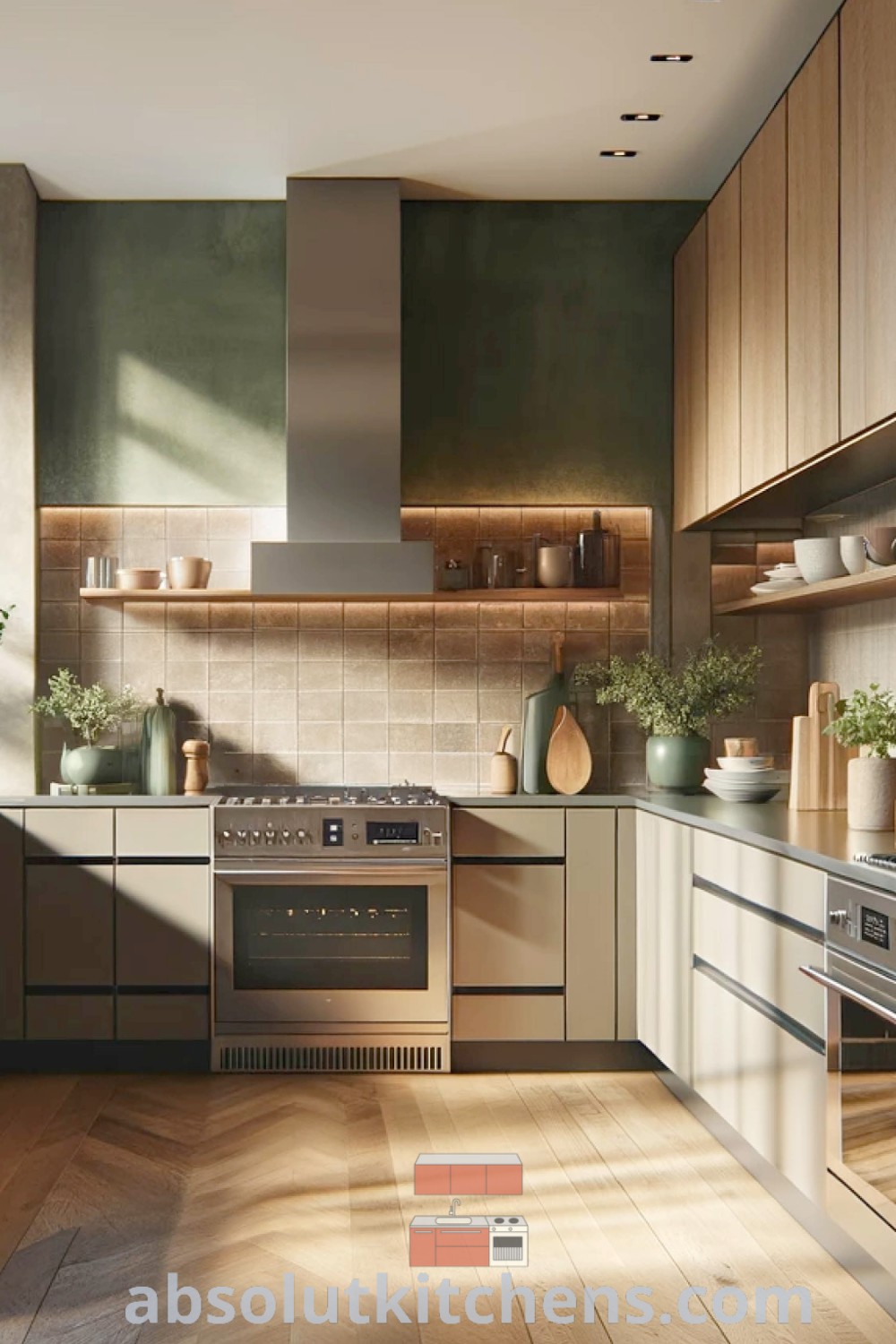A cozy kitchen with wooden floors and green walls showcasing a natural earthy aesthetic. This design illustrates green and brown kitchen ideas and provides inspiring decor tips for enhancing your apartment kitchen. Discover more at absolutkitchens.com.