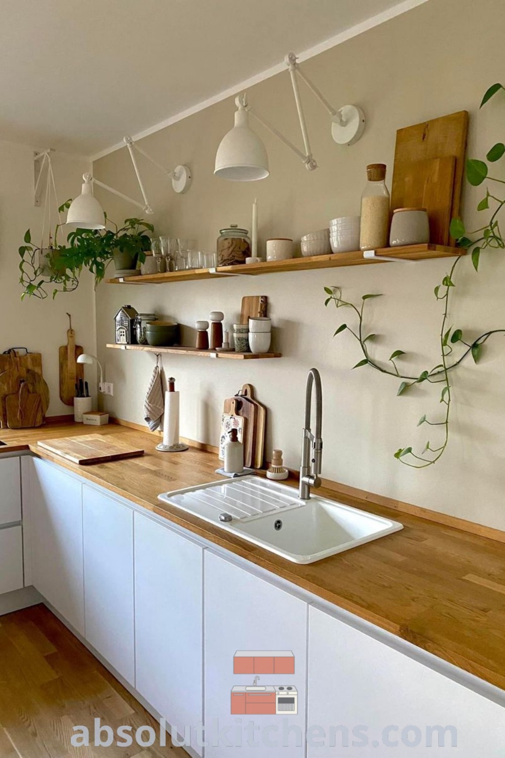 A modern kitchen showcasing white cabinets, wooden countertops, and plants above the sink, exemplifying cozy home decor ideas. This design is a perfect example of kitchen inspiration and moodboard aesthetics, offering unique ideas for your home. Find more decor inspirations at wellnesswink.com.