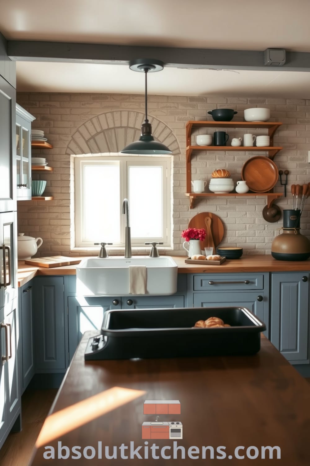 Rustic kitchen with soft blue cabinetry, weathered wood accents, and a stone backsplash, featuring a farmhouse sink, wooden table, and shelves with mismatched ceramics, creating cozy and inviting vibes, perfect for inspiration from fireplacesandwoodstoves.com.