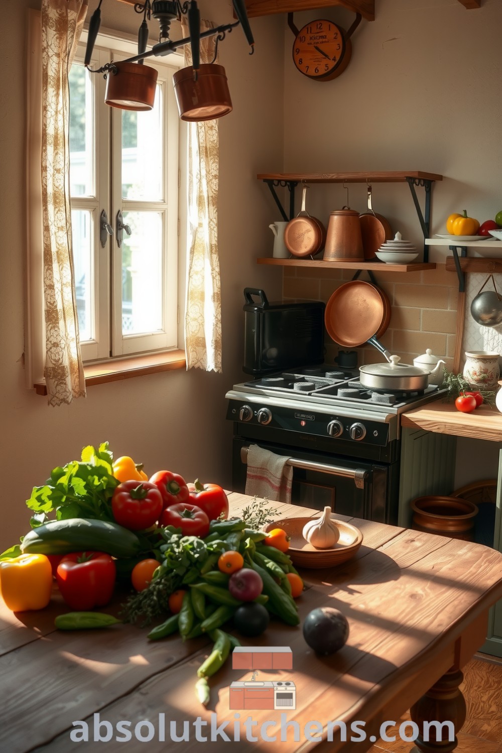 Cozy French kitchen featuring sunlight filtering through lace curtains, a wooden farmhouse table with fresh produce and herbs, copper pots above a rustic stove, creating a warm and inviting atmosphere perfect for family gatherings. Visit absolutkitchens.com for inspiring decor ideas and design tips.